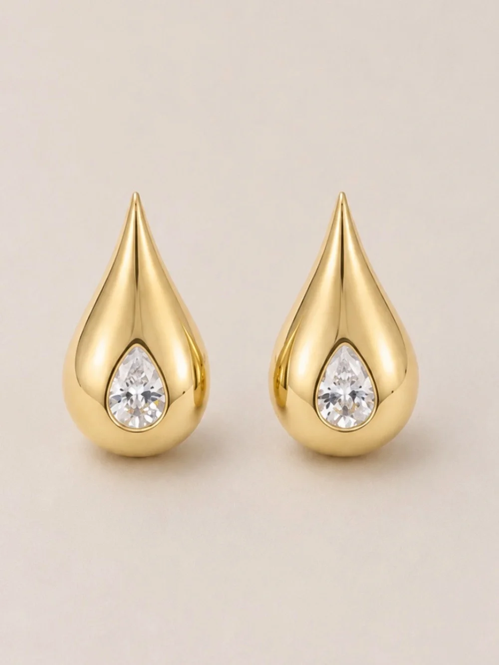 New! Gold Teardrop Stud Earrings with Clear Crystal